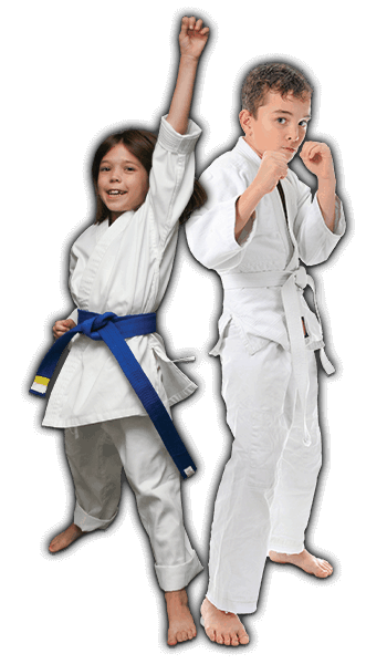 Martial Arts Lessons for Kids in Ramsey NJ - Happy Blue Belt Girl and Focused Boy Banner